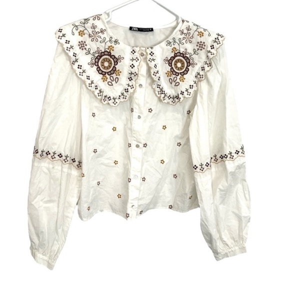 Zara white embroidered poplin long sleeve top - Picture 3 of 5